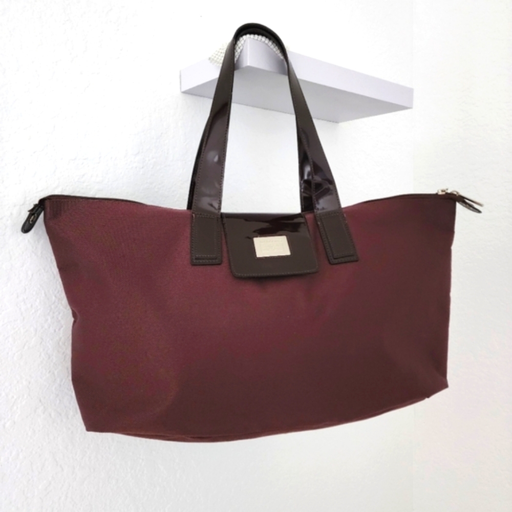 Liz Claiborne Brown Canvas Tote with Faux Leather Handles.